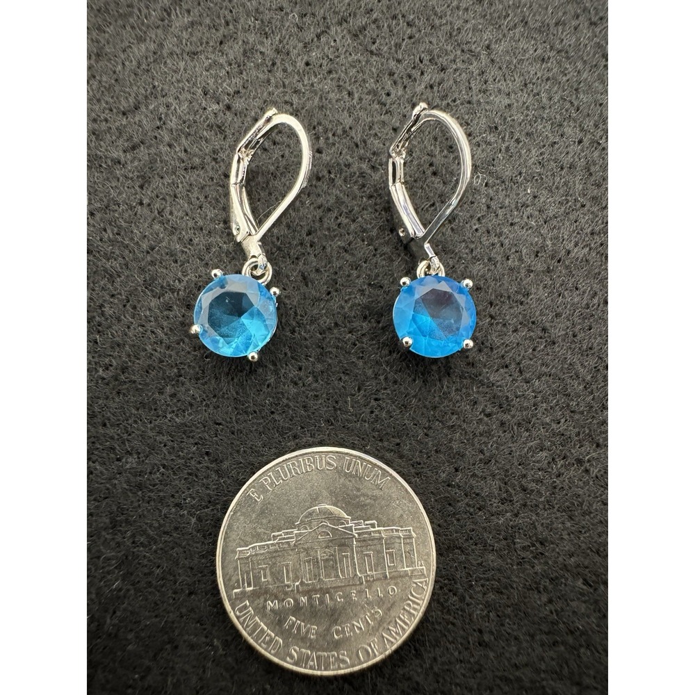 Silver Tone Leverback Dangle Earrings Blue Round Faceted Stones Prong Set